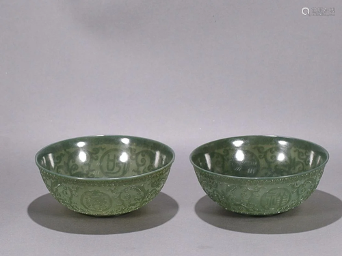 TWO CHINESE HETIAN JASPER BOWLS WITH CARVED 'LOTUS SCROLL'