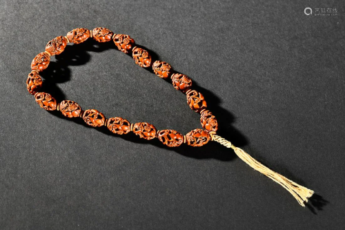 CHINESE OLIVE OPENWORK ROSARY WITH CARVED 'BAT AND DOUBLE-GO...