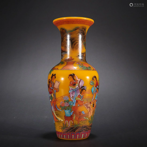 CHINESE PAINTED-ENAMEL YELLOW GLASS VASE DEPICTING 'FIGURE S...