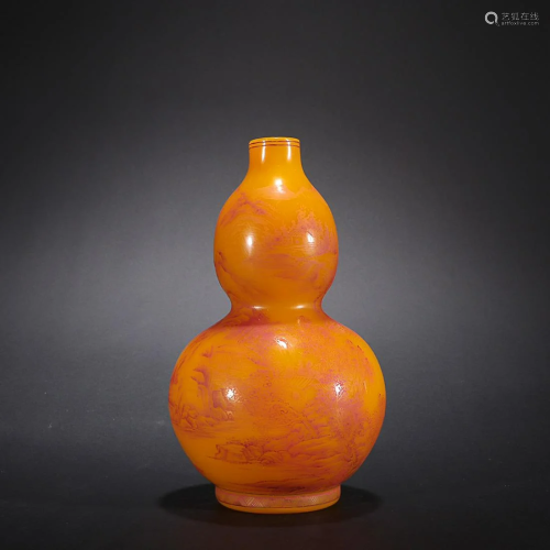 CHINESE POLYCHROME ENAMEL YELLOW GLASS DOUBLE-GOURD VASE DEP...