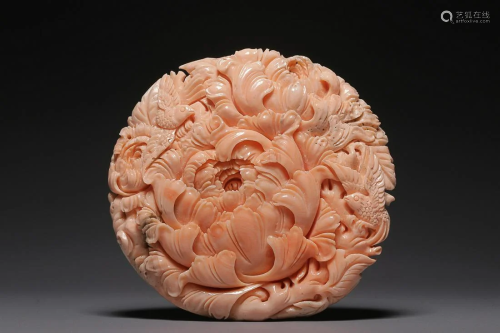 CHINESE RARE MATERIAL ORNAMENT WITH CARVED 'BIRD AND FLOWER'