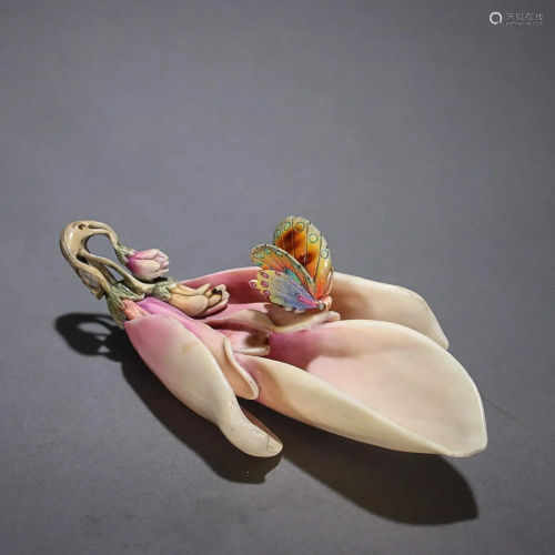 CHINESE POLYCHROMED RARE MATERIAL ORCHID-FORM TEA SCOOP