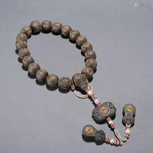 CHINESE GILT-SILVER-INLAID AGARWOOD 18-COUNTS ROSARY DEPICTI...