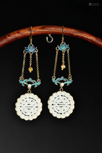 TWO CHINESE GILT-SILVER EARRINGS WITH HETIAN JADE DROPLETS