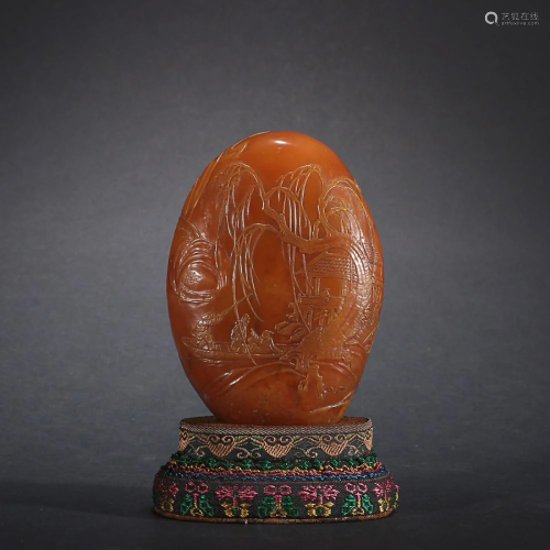 CHINESE TIANHUANG STONE ORNAMENT WITH CARVED 'FIGURE IN LAND...