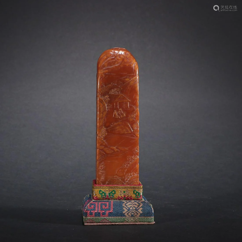 CHINESE TIANHUANG STONE SEAL WITH CARVED 'FIGURE IN LANDSCAP...