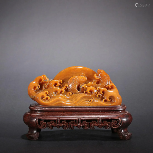 CHINESE TIANHUANG STONE ORNAMENT WITH CARVED 'SUN AND SEA-WA...