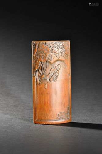CHINESE BAMBOO ARMREST WITH CARVED 'LOTUS'
