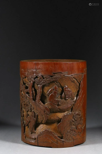 CHINESE BAMBOO BRUSHPOT WITH CARVED 'FIGURES IN A LANDSCAPE'