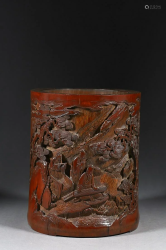 CHINESE BAMBOO BRUSHPOT WITH CARVED 'FIGURES IN A LANDSCAPE'
