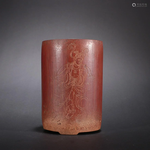 CHINESE BAMBOO BRUSHPOT WITH CARVED 'GUANYIN'