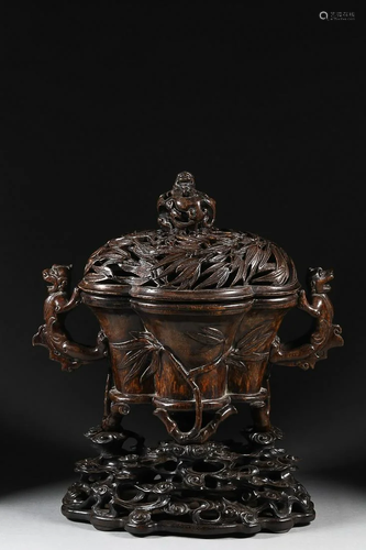 CHINESE AGARWOOD BEAST-HANDLED INCENSE BURNER