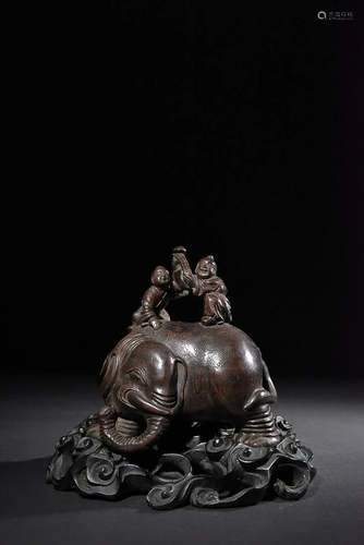 CHINESE AGARWOOD ELEPHANT ON SANDALWOOD STAND