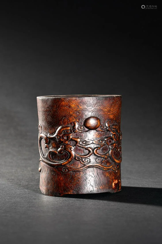 CHINESE AGARWOOD BRUSHPOT WITH CARVED 'DRAGON PURSUING PEARL...