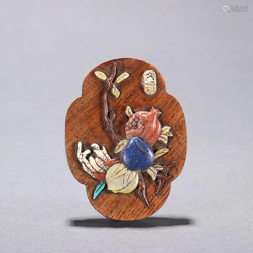 CHINESE MIX GEMSTONES-INLAID YELLOW ROSEWOOD PLAQUE DEPICTIN...