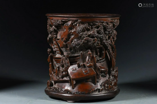 CHINESE  BOXWOOD BRUSHPOT WITH CARVED 'FIGURES IN A LANDSCAP...