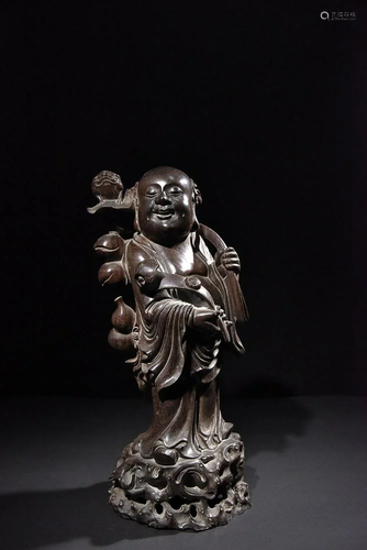 CHINESE WOOD FIGURE OF LIUHAI AND JINCHAN