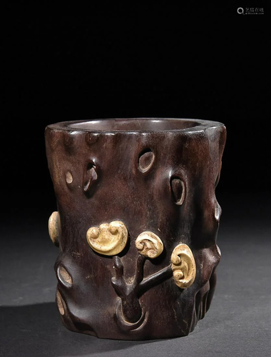 CHINESE FURONG STONE-INLAID WOOD BRUSHPOT