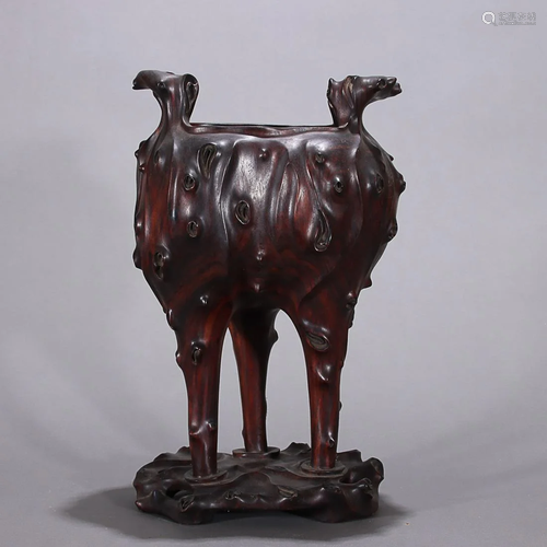 CHINESE SANDALWOOD HANDLED CENSER ON THREE LEGS