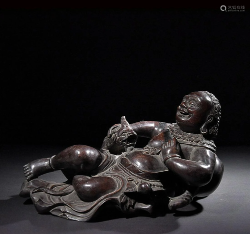 CHINESE SANDALWOOD FIGURE OF ARHAT AND LION