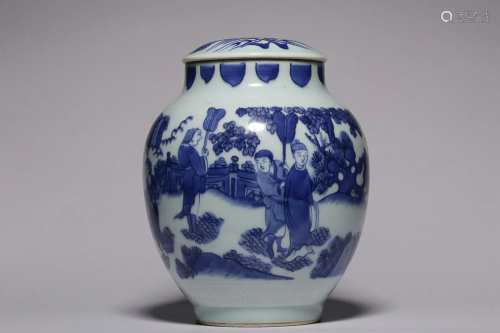 CHINESE BLUE-AND-WHITE COVERED JAR DEPICTING 'FIGURE STORY'