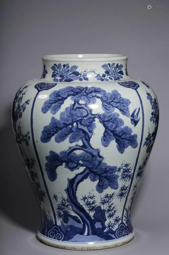 CHINESE BLUE-AND-WHITE JAR DEPICTING 'FLOWERS OF THE FOUR SE...