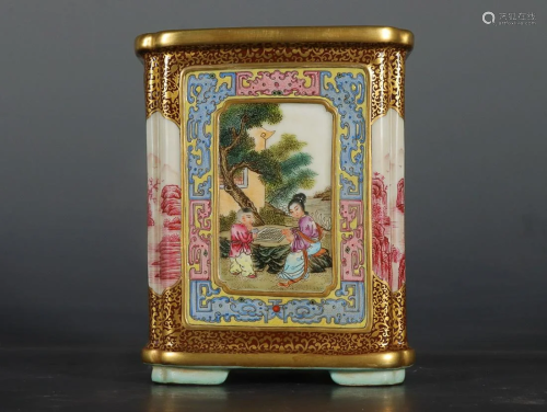CHINESE GILDED ON PAINTED-ENAMEL BRUSHPOT DEPICTING 'FIGURE ...