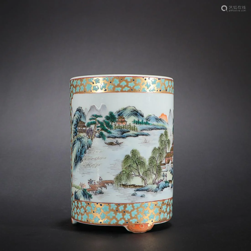 CHINESE PAINTED-ENAMEL BRUSHPOT DEPICTING 'LANDSCAPE' AND 'P...