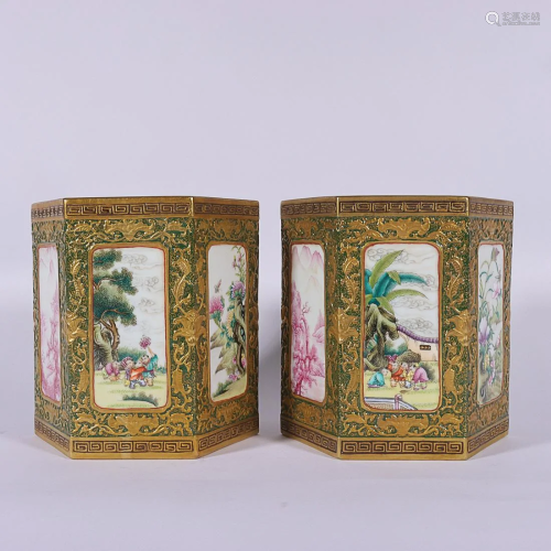 TWO CHINESE GILDED ON PAINTED-ENAMEL BRUSHPOTS DEPICTING 'CH...