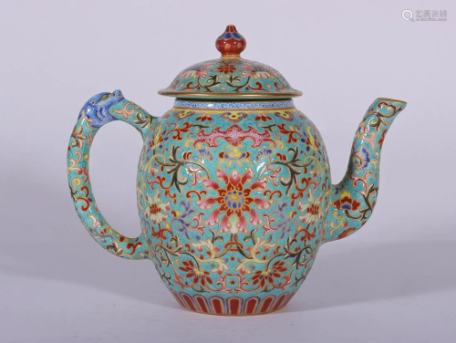 CHINESE GILDED ON GREEN-GROUND PAINTED-ENAMEL TEAPOT DEPICTI...