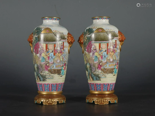 TWO CHINESE GILDED ON PAINTED-ENAMEL HANDLED VASES DEPICTING...