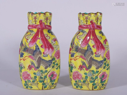 TWO CHINESE YELLOW-GROUND PAINTED-ENAMEL VASES DEPICTING 'PH...