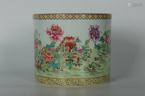 CHINESE FAMILLE-ROSE BRUSHPOT DEPICTING 'FLORAL' AND 'POEM',...