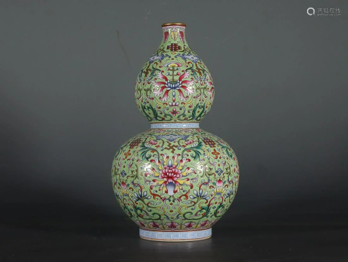CHINESE GILDED ON GREEN-GROUND FAMILLE-ROSE DOUBLE-GOURD VAS...