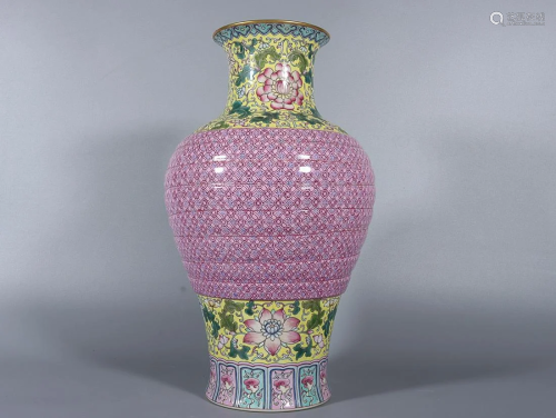 CHINESE YELLOW-GROUND FAMILLE-ROSE VASE DEPICTING 'FLORAL SC...