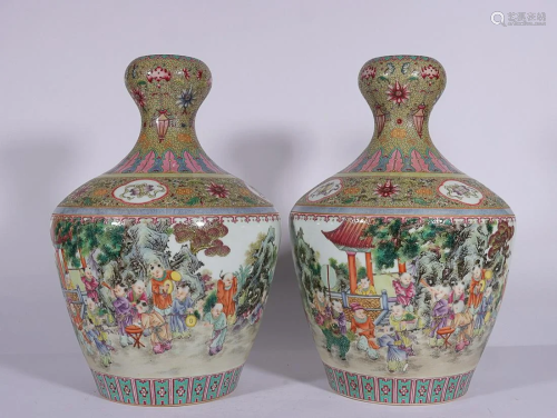 TWO CHINESE FAMILLE-ROSE GARLIC-HEAD VASES DEPICTING 'FIGURE...