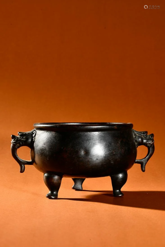 CHINESE BRONZE DRAGON-HANDLED CENSER ON THREE LEGS