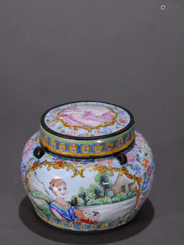 CHINESE CANTON ENAMEL COVERED JAR DEPICTING 'FIGURE STORY', ...
