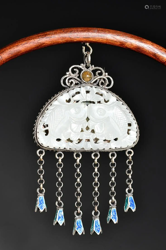 CHINESE HETIAN JADE-EMBELLISHED SILVER PENDANT WITH CARVED '...