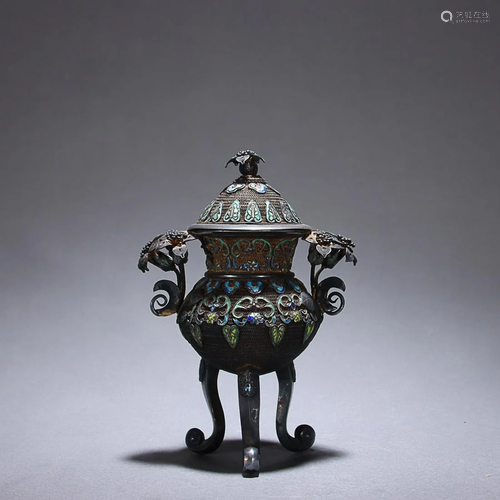 CHINESE BLUE ENAMEL SILVER HANDLED DING-FORM CENSER DEPICTIN...