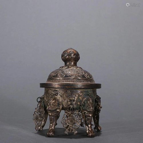 CHINESE GILT-SILVER INCENSE BURNER ON BEAST LEGS