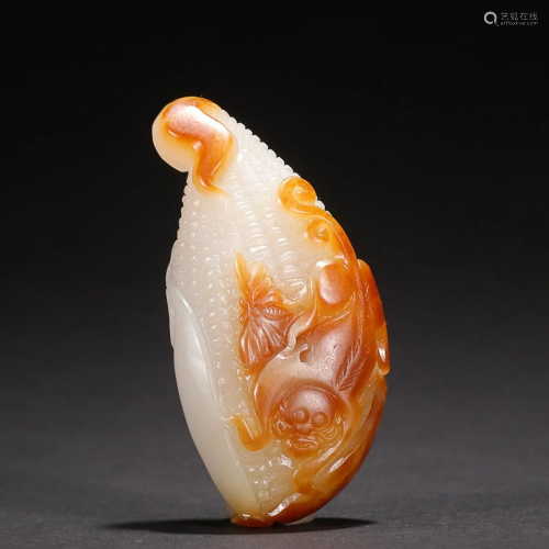 CHINESE HETIAN JADE CORN WITH CARVED 'MONKEY AND BAT'
