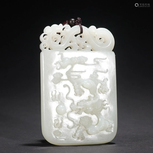 CHINESE HETIAN JADE PLAQUE WITH CARVED 'DRAGON PURSUING PEAR...