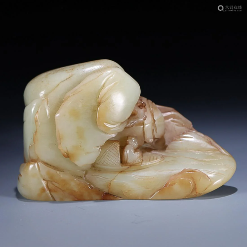 CHINESE HETIAN JADE ORNAMENT WITH CARVED 'FIGURES IN A LANDS...