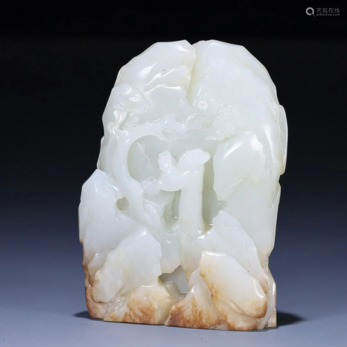 CHINESE HETIAN JADE ORNAMENT WITH CARVED 'FIGURES IN A LANDS...