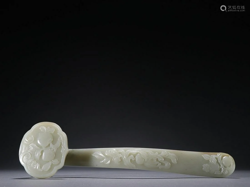 CHINESE HETIAN JADE RUYI SCEPTER WITH CARVED 'POMEGRANATE AN...