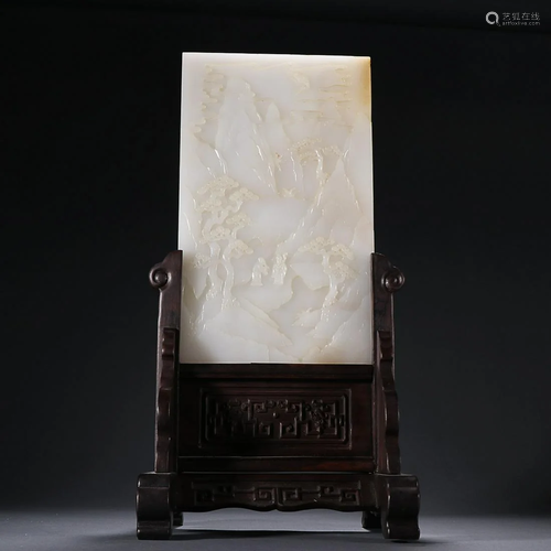 CHINESE HETIAN JADE TABLE SCREEN WITH CARVED 'FIGURES IN A L...