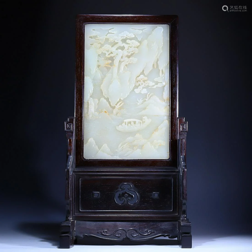 CHINESE HETIAN JADE TABLE SCREEN WITH CARVED 'FIGURES IN A L...