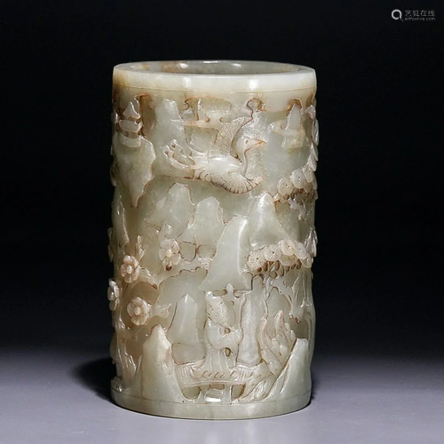 CHINESE HETIAN JADE BRUSHPOT WITH CARVED 'FIGURES IN A LANDS...