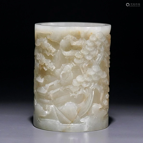 CHINESE HETIAN JADE BRUSHPOT WITH CARVED 'FIGURES IN A LANDS...